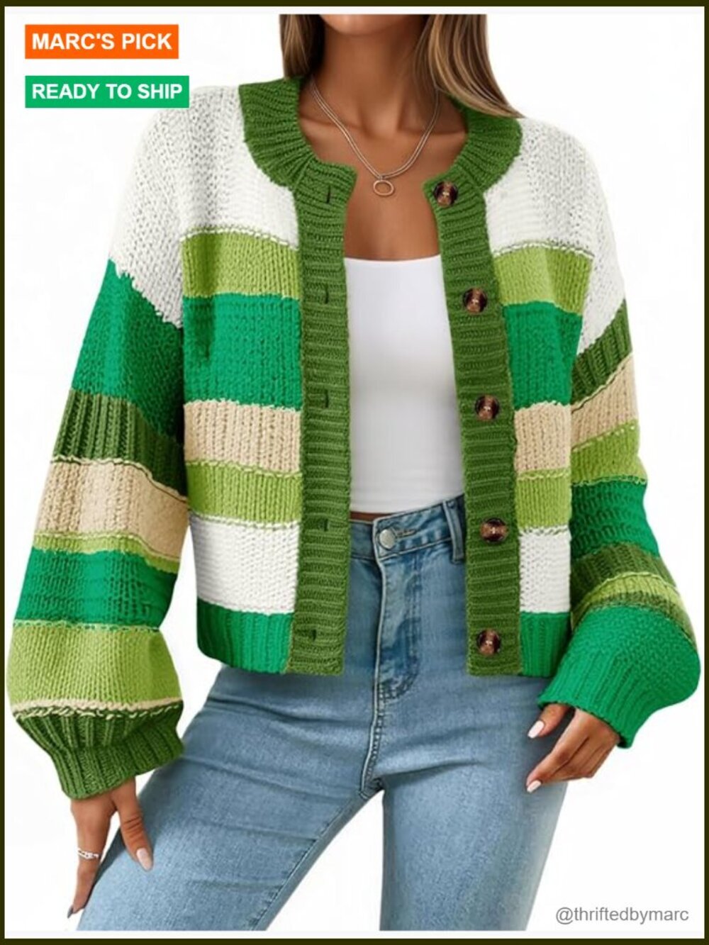 Striped Chunky Cardigan Sweater Button Up Color Block Knit Coat Fall
